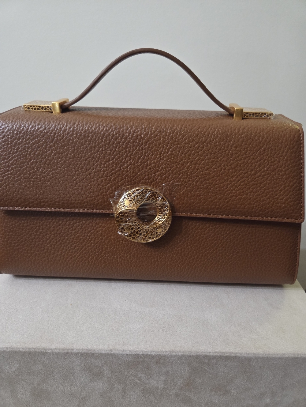 LARGE Rezi Brown Leather Top-Handle Khoi Bag with Gold Accent BRAND NEW WITH BOX - Picture 2 of 6